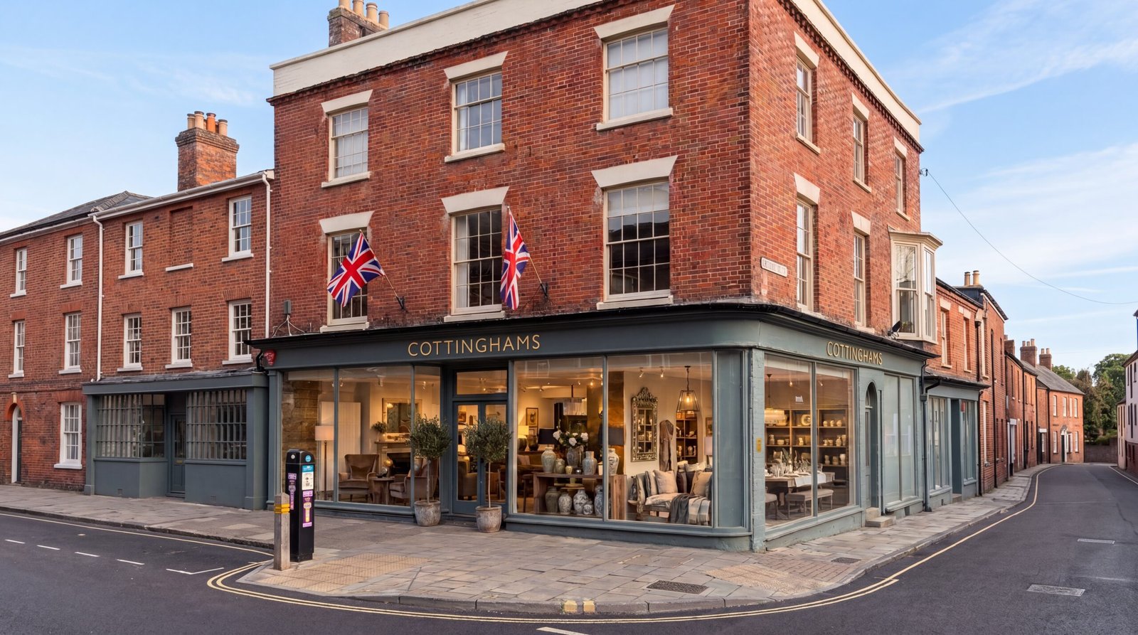The new Cottinghams shop on the corner of the High Street and Church Lane, Lymington, windows lit and the fascia painted